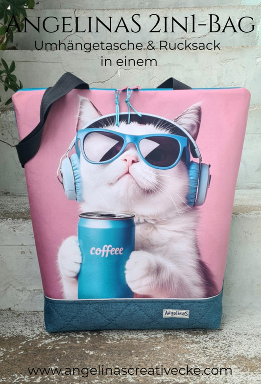 AngelinaS 2in1-Bag -  Rucksack und Tasche in einem! Einzelstück! "Cat and Coffee"
