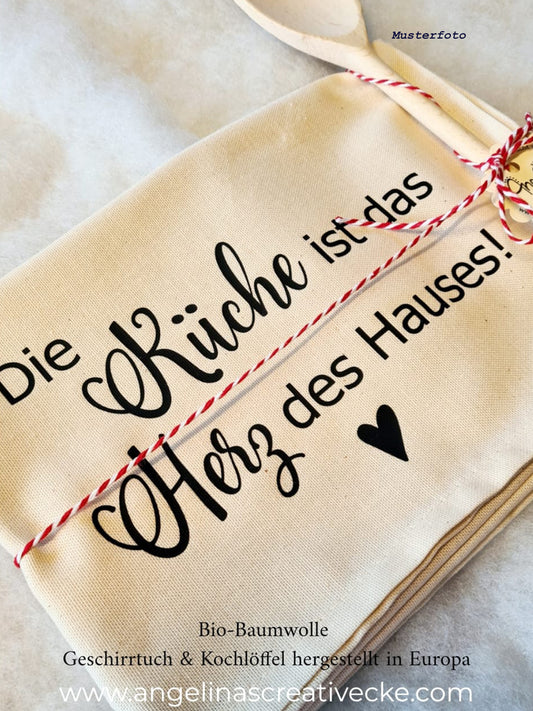 Geschirrtuch inkl. Kochlöffel "Die Küche ist das Herz des Hauses" Bio Baumwolle