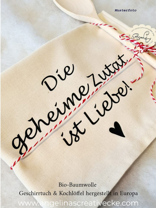 Geschirrtuch inkl. Kochlöffel "Die geheime Zutat ist Liebe" Bio Baumwolle