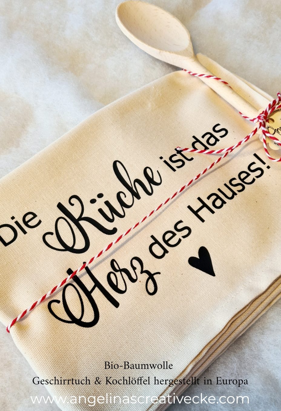 Geschirrtuch inkl. Kochlöffel "Die Küche ist das Herz des Hauses" Bio Baumwolle