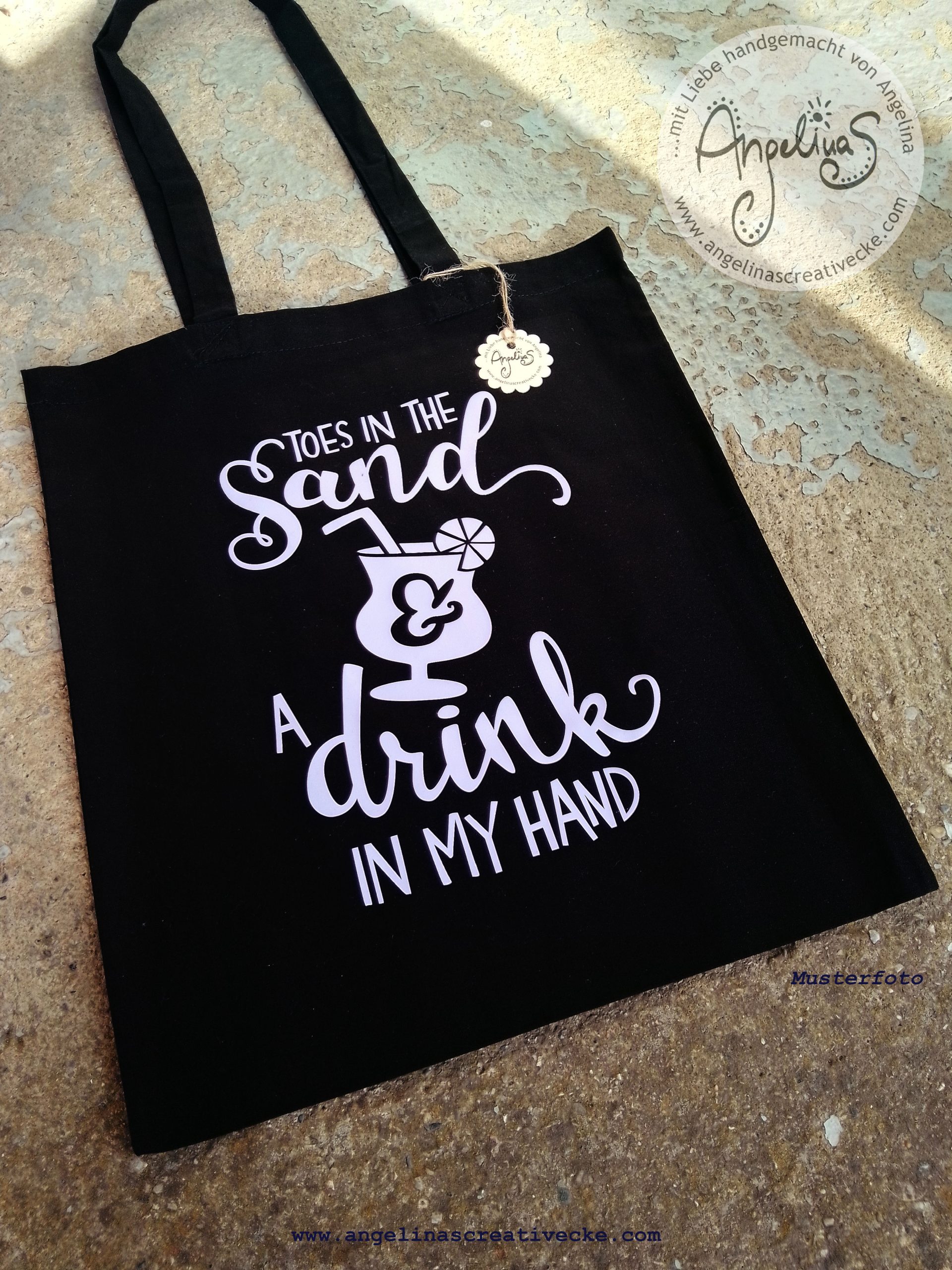 EinkaufsBeutel lustig "Toes in the sand and a drink in my hand" BaumwollBeutel